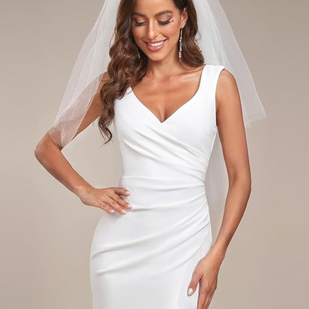 Classic V-Neck Mermaid Bodycon Slit White Wedding Dresses - Picture 5 of 8
